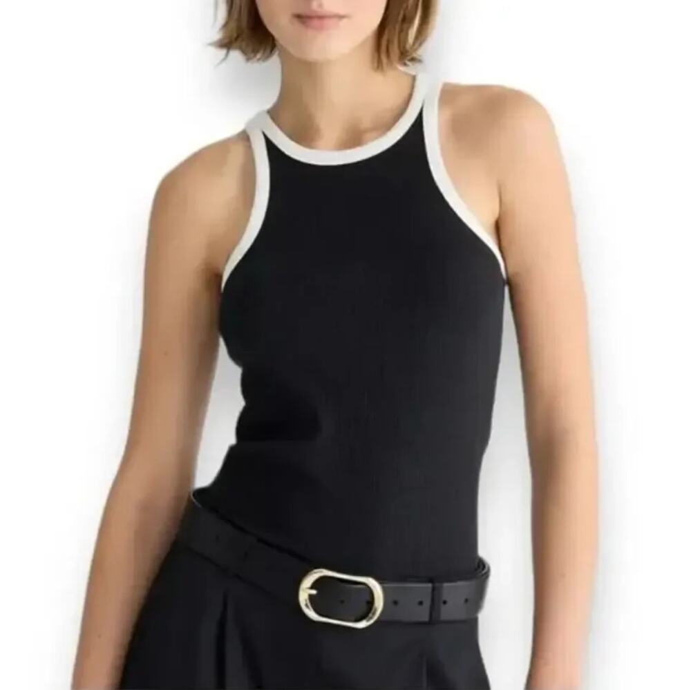 J.Crew Vintage Rib High-Neck Cutaway Tank Top Black White Contrast Trim M NWT